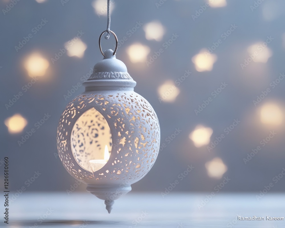 Aufkleber serene glow of a hanging lantern with intricate cutouts against a soft bokeh background
