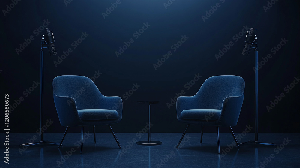 Poster two elegant chairs with microphones set for an engaging conversation in a studio setting