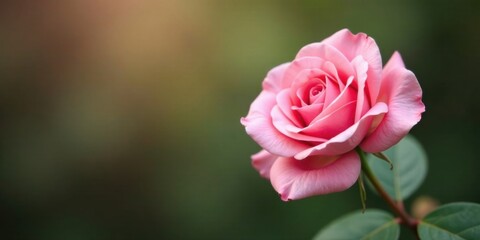 A Delicate Pink Rose Blossom in Soft Focus, Gracefully Displayed Against a Blurred Green Background, Evoking Feelings of Serenity and Tranquility