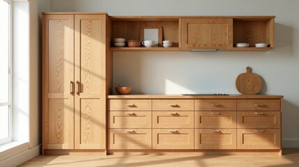 Light-filled kitchen with minimalist wooden cabinetry and sunlight streaming through a nearby window, showcasing a serene and functional space