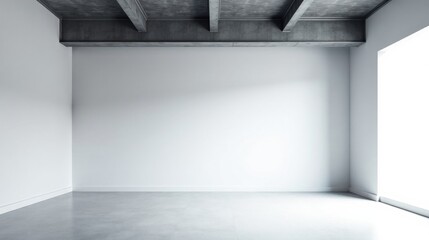 Empty Room with Exposed Concrete Beams and Bright Sunlight