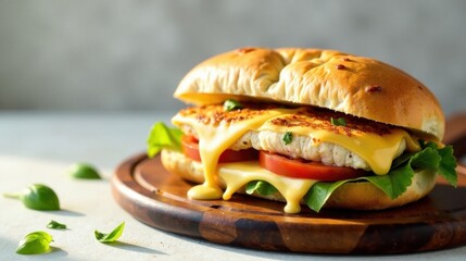 A Delicious Grilled Chicken Sandwich with Melted Cheese, Juicy Tomatoes, and Fresh Greens on a Rustic Wooden Board