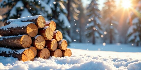 Winter woodland scene featuring a neatly stacked pile of snow-covered logs, bathed in the warm glow of a winter sun.