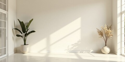 Sunlit minimalist interior featuring potted plants in a corner room with large windows