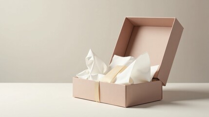 A blush-colored gift box, elegantly presented, awaits its precious contents, delicately nestled in soft white tissue paper, tied with a refined ribbon.