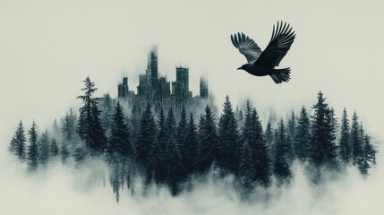 Misty forest castle, crow flight, fantasy art