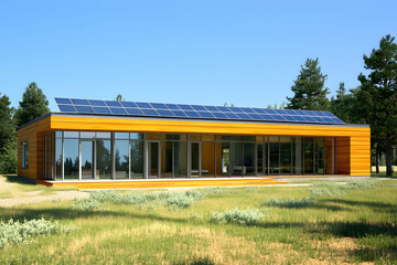Obraz premium Modern eco-friendly house with solar panels, situated in a serene natural setting. Perfect for showcasing sustainable architecture and green living.