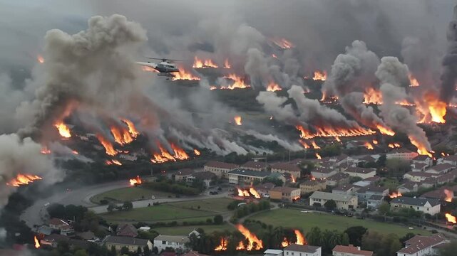In January 7, 8, 9, 2025, a fierce wildfire engulfs Malibu, California. Helicopters drop water to combat the relentless flames amidst thick smoke, creating a dire situation for residents