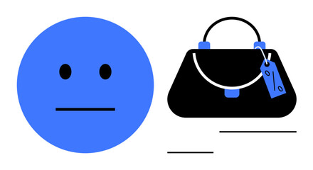Neutral face icon representing calm emotion alongside a handbag with a price tag. Ideal for shopping, customer service, retail, emotion expression, sales, fashion marketing, and consumer behavior