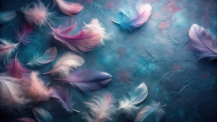 Obraz premium Pastel-hued feathers scattered on a textured surface create a dreamy, ethereal mood; a captivating arrangement of delicate plumage for design inspiration.