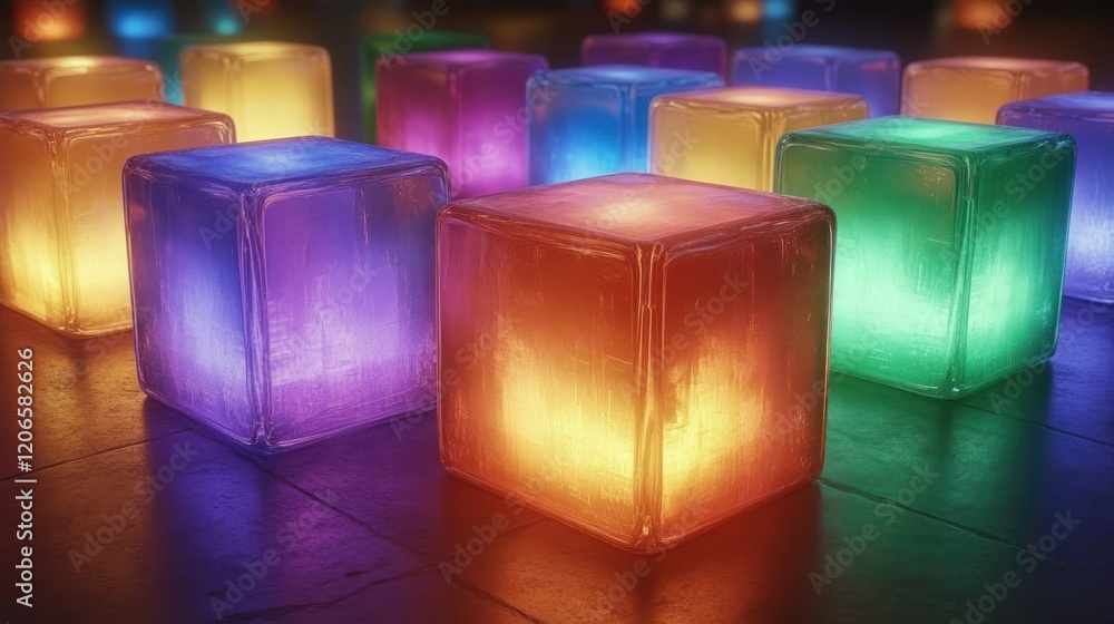 Aufkleber luminous translucent cubes in vibrant hues, glowing with inner light, arranged on dark surface creat