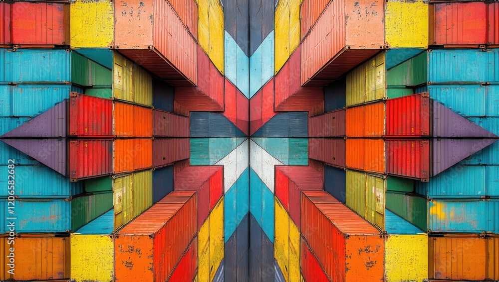 Poster abstract geometric pattern created by colorful shipping containers stacked in a unique arrangement s
