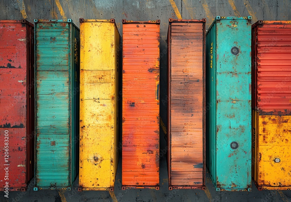 Poster colorful cargo containers stacked in rows at a shipping yard, showcasing an array of bright and rust