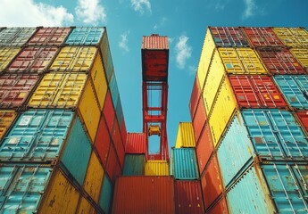 Fototapeta premium Colorful Stacked Shipping Containers Against a Bright Blue Sky with Clouds, Industrial Cargo and Cargo Handling Equipment in a Port Environment