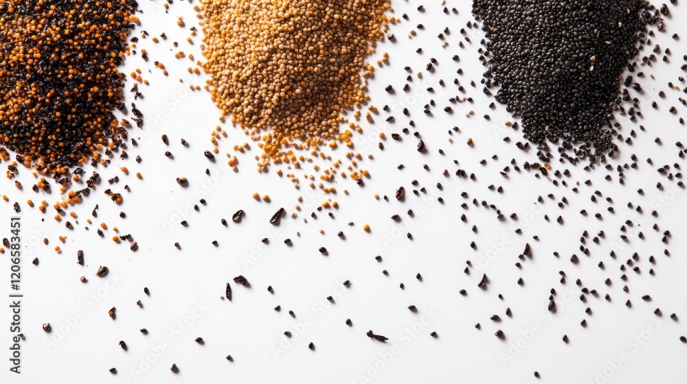 Poster close-up view of various spices on a white surface, showcasing texture and color diversity