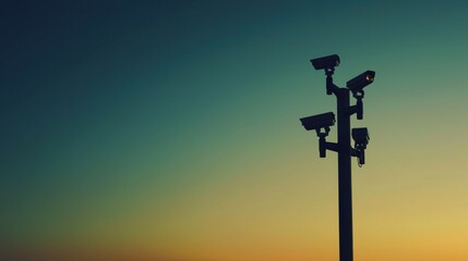 Modern Surveillance Cameras Mounted on Tall Pole at Dusk