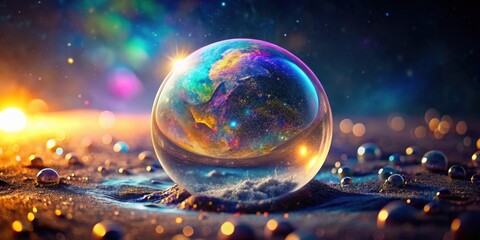 Fototapeta premium A Cosmic Orb Encapsulating a Vibrant Planet Rests on a Glittering Shore at Sunrise