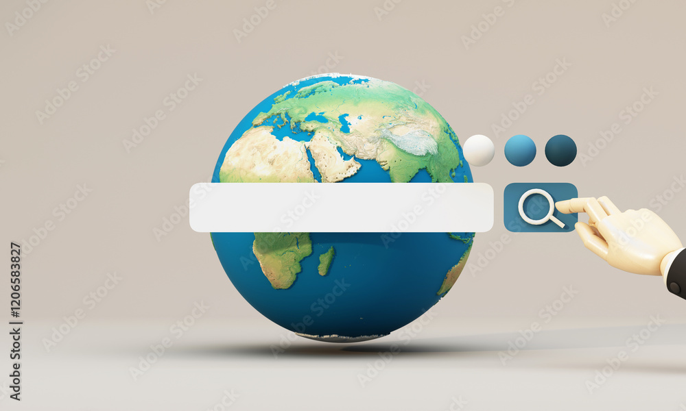 Poster global search concept featuring a robotic hand pointing at a search bar overlaid on a 3d globe, symb