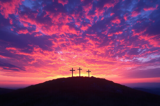 A cross standing tall atop a hill silhouetted against a vibrant sunset sky.