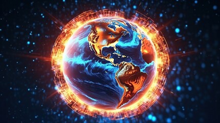 Technological background of the hologram planet Earth. Connection lines Around Earth Globe.