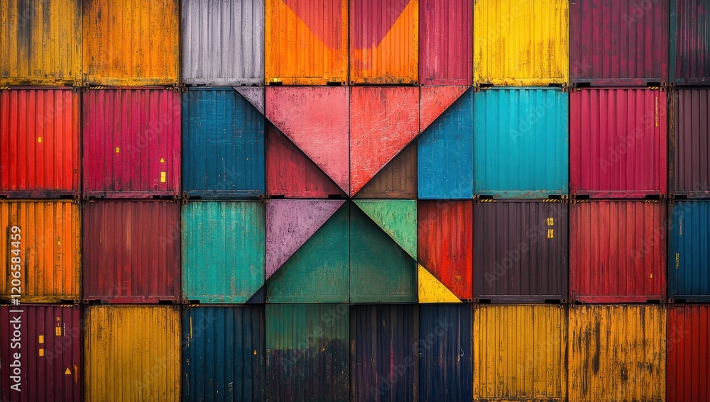 Poster vibrant geometric arrangement of multicolored shipping containers showcasing texture and patterns in