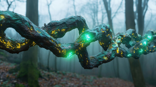 A surreal chain crafted from intertwining vines and glowing bioluminescent fungi, shimmering with vibrant greens and blues, set in a mysterious - Powered by Adobe