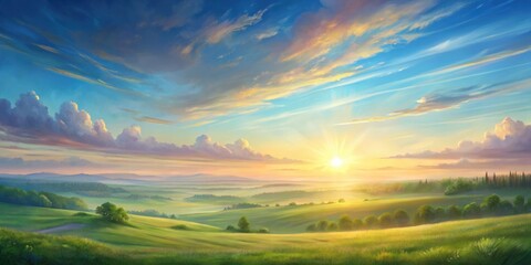 Fototapeta premium Serene Sunrise over Rolling Hills and Verdant Meadows, a Peaceful Pastoral Scene