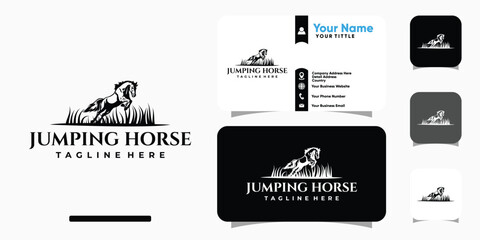 Horse Jumping at grass logo design negative space and business card template