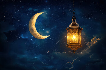 Lantern glows beneath full moon, casting soft light on a dark, still night.