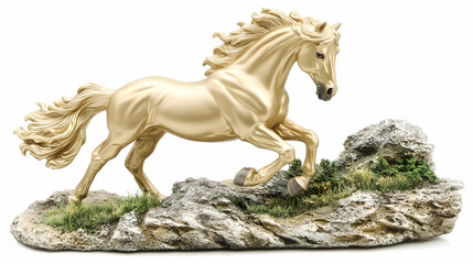 Majestic golden horse statue galloping across a rocky landscape, a stunning home decor piece.