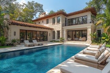 Fototapeta premium Classic traditional pool area with beige and white lounge chairs, stone-accented home, lush greenery, and large windows overlooking swimming pool.