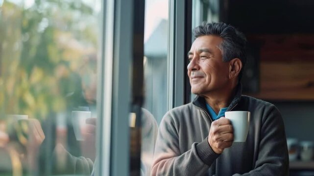 An older Hispanic man standing in his modern home, holding coffee and looking out the window
