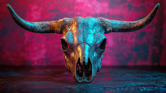 Weathered bull skull with large horns, dramatically lit against a vibrant pink and teal backdrop.
