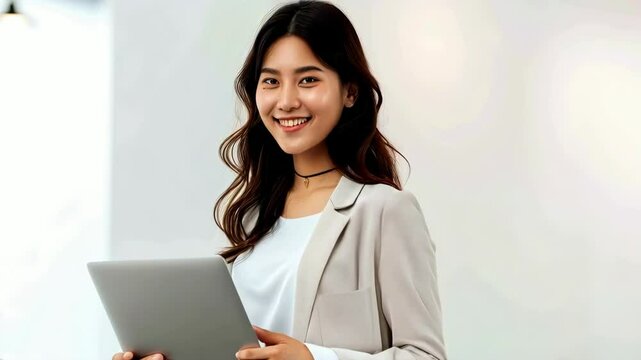 An Asian woman holding a laptop computer and smiling at the camera
