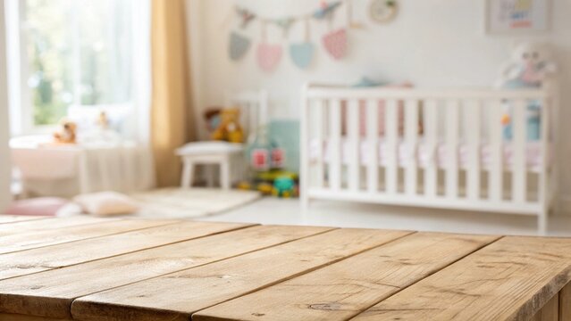 Mesa de madera vac&iacute;a con fondo de cuarto de beb&eacute; desenfocado