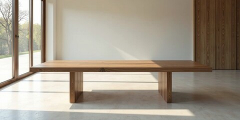 Fototapeta premium Long, minimalist wooden table in a sunlit room with large windows and wooden doors