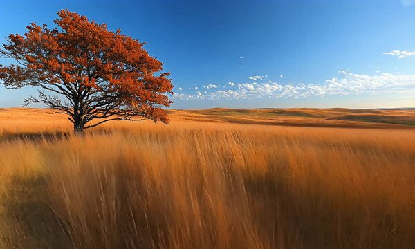 A solitary tree stands amidst golden grasses under a clear blue sky, capturing a serene landscape.