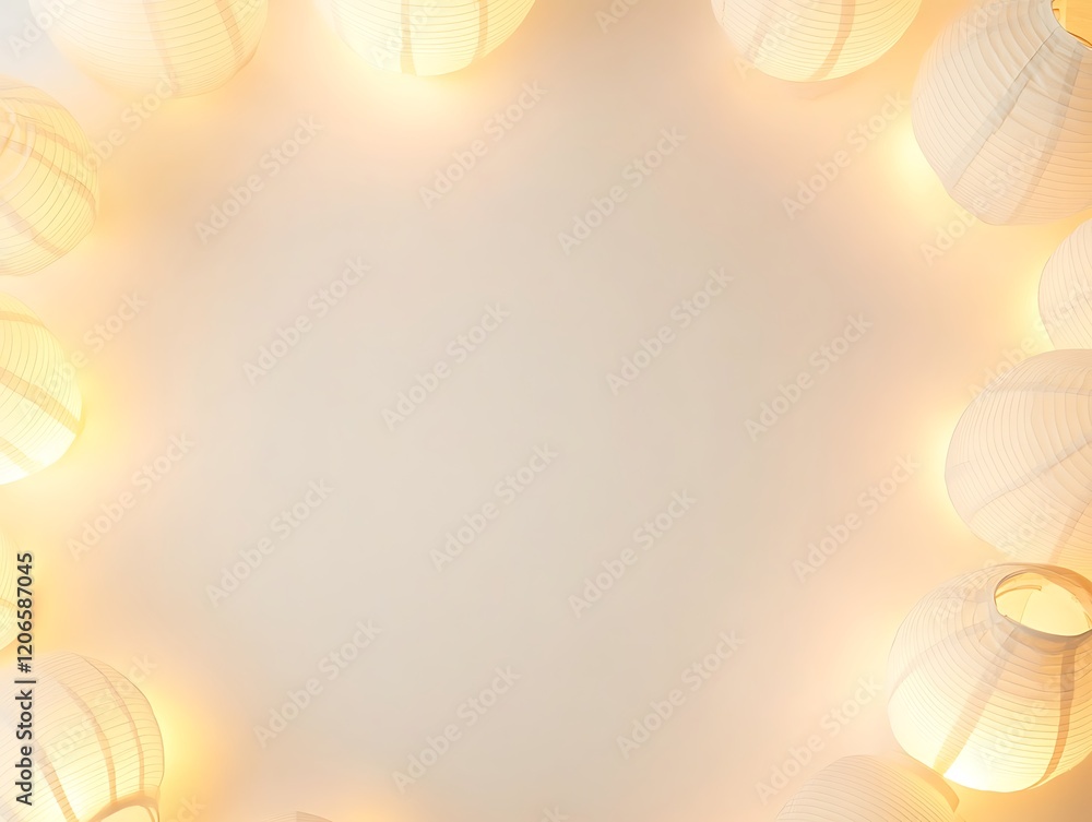 Poster illuminated paper lanterns frame a soft background
