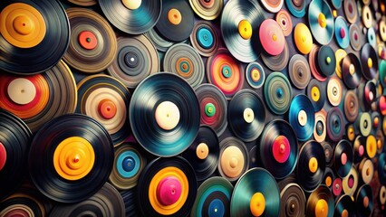 A vibrant collection of colorful vinyl records arranged in a captivating pattern, showcasing a kaleidoscope of hues and textures, representing a diverse musical legacy