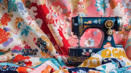 Vintage Sewing Machine on a Fabric Background