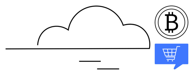 Cloud representation with Bitcoin symbol and shopping cart speech bubble. Ideal for technology, e-commerce, online transactions, cloud services, cryptocurrency, fintech, and digital storage themes