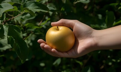 The woman's hand is reaching for an apple, which is large and made of gold, Generative AI