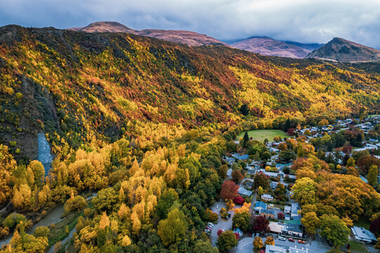 Golden Autumn Splendor in Arrowtown, New Zealand: Aerial Views