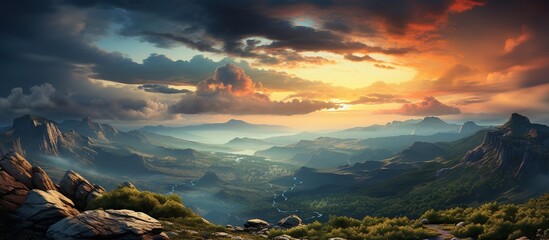 Mountainous landscape at sunset, Panoramic view of the mountain valley at sunset. Beauty of nature