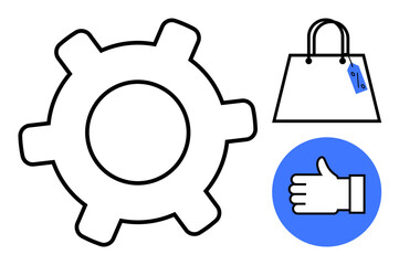 Large gear, shopping bag with price tag, thumbs up in blue circle. Ideal for ecommerce, shopping experience, consumer satisfaction, marketing, online stores, product optimization interface design