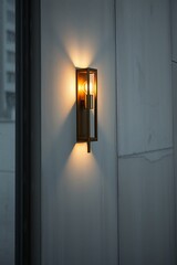 Modern brass wall lamp emitting warm light on a marble wall.
