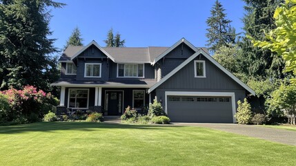 Obraz premium Gray Two-Story House with Green Lawn