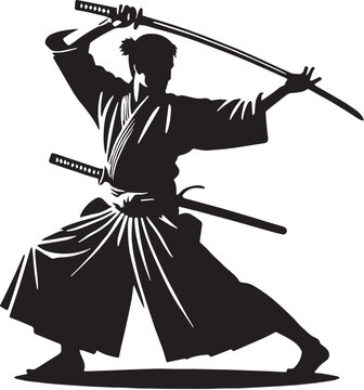 Black Color Iaido quick-draw sword techniques Silhouette Vector Illustration, Solid White Background. minimal vector design