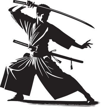 Black Color Iaido quick-draw sword techniques Silhouette Vector Illustration, Solid White Background. minimal vector design