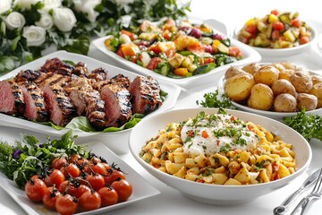 Delicious Buffet Food Photography Grilled Steak, Pasta Salad, Roasted Potatoes, and Vegetable Medley